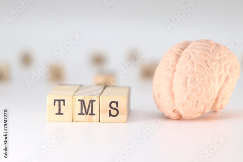 TMS Acronym Transcranial magnetic stimulation concept with brain on white background