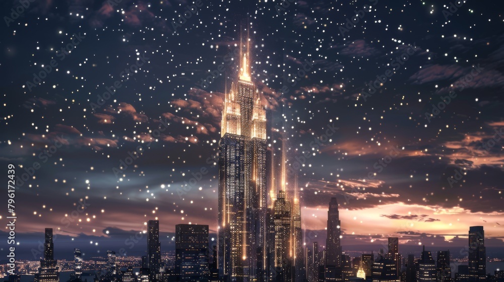 A majestic skyscraper towering above the city skyline, its facade adorned with sparkling lights that shimmer and shine against the backdrop of the night sky.