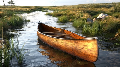 A wooden canoe is floating in a river