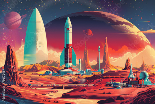 Space Colonization Dome cities on Mars with a classic rocket ship landing in bright optimistic colors #796172469