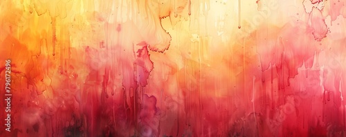 Vivid orange and red hues blend in abstract watercolor, evoking a sunset with dripping techniques