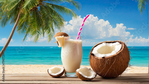 Juicy coconut halves Illustration on a tropical beach against the background of the sea - cocktail, refreshing coconut milk