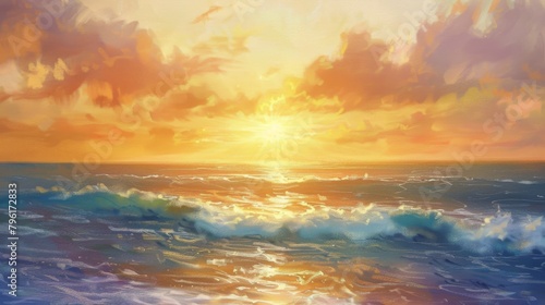 A majestic sunrise over a tranquil seascape  painting the sky in hues of orange and pink