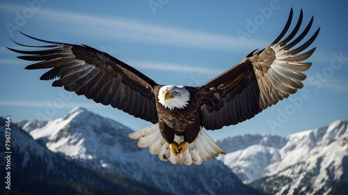 Majestic Bald Eagle Soaring Over Rugged Mountain Peaks in Clear Blue Sky