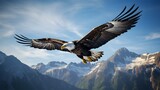 Majestic Bald Eagle Soaring Through Rugged Mountain Landscape