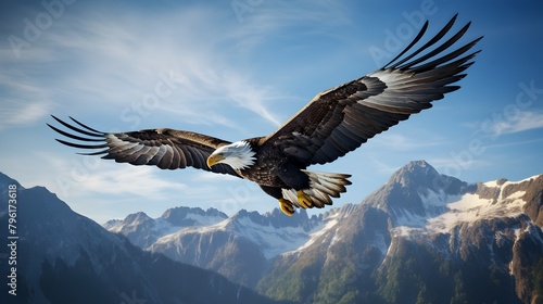 Majestic Bald Eagle Soaring Through Rugged Mountain Landscape © CYBERUSS