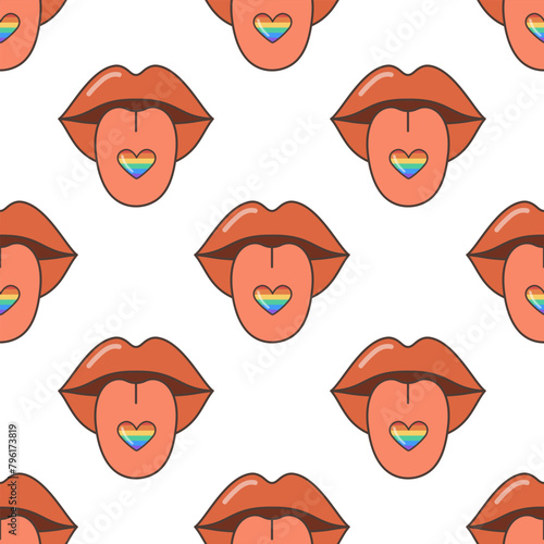 A mouth with lips and a heart on the tongue, seamless pattern. The heart is made in the colors of the LGBT flag. A flat illustration in the style of the 70s.
