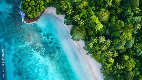 Stunning Aerial View of Lush Tropical Paradise with Crystal Clear Turquoise Waters and Swaying Palm Trees