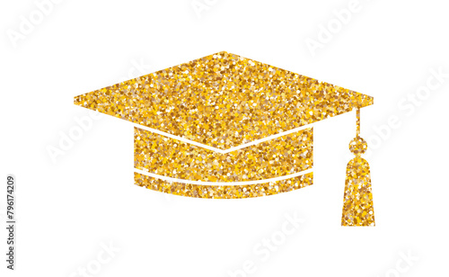 Graduation hat glitter logo. Graduate cap flat sparkling luxury gold sticker