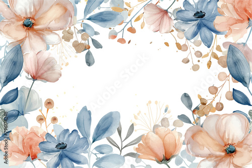 A collection of ethereal watercolor flowers in soft peach and blue tones graces a white background
