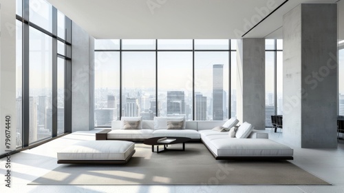 A minimalist living room with floor-to-ceiling windows and minimalist furnishings, showcasing the beauty of clean lines and uncluttered spaces in modern design.