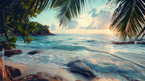 A view of the sea from rocks and palm trees on Seychelles, a beautiful tropical island with clear blue water. Shot at sunset in the style of Anse Chol cinema, this landscape photography