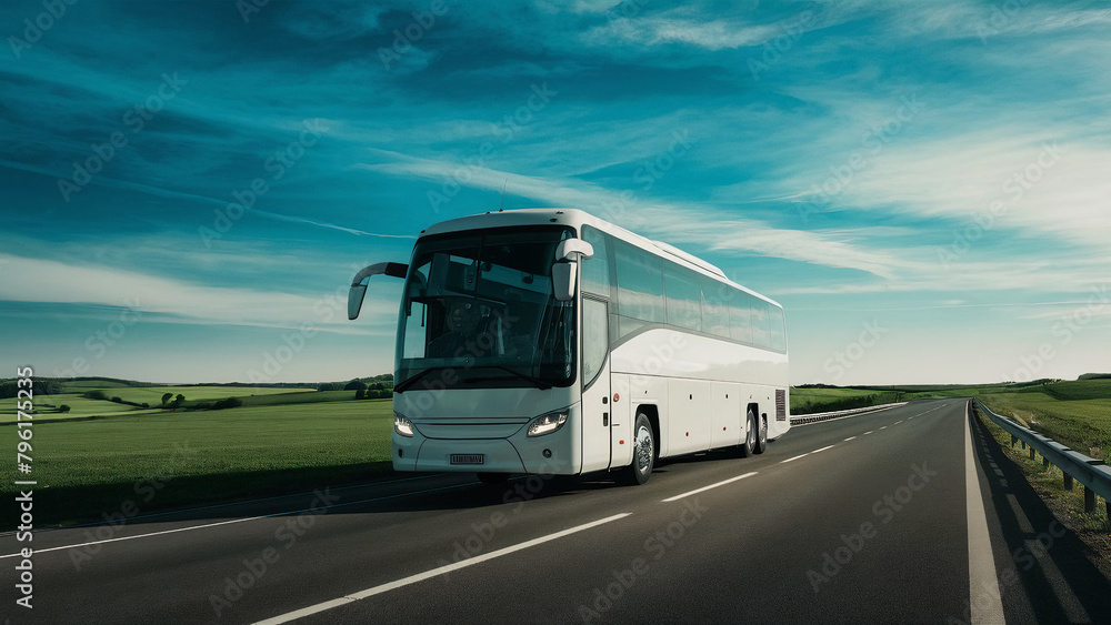 Beautiful highway with white travel bus, picturesque journey, tranquil, vivid, wide angle, 70mm, high detail, photo.