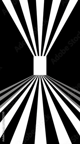 Geometric abstract, optical art style showcases dynamic movement illusion through black and white stark contrast