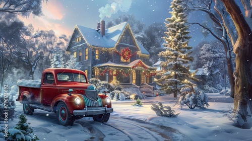 A vintage red truck with blue accents is parked in front of an old  elegant house covered in snow on Christmas morning