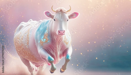 パステルカラーのファンタジーな雰囲気のある　キラキラ輝きを纏う牛