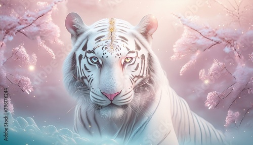 パステルカラーのファンタジーな雰囲気のある　キラキラ輝きを纏う虎　ホワイトタイガー