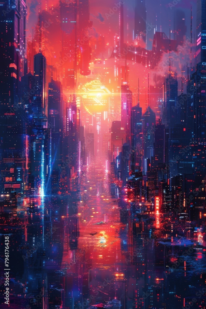Technology abstract, digital cityscape with neon lights and skyscrapers, cyberpunk vibe