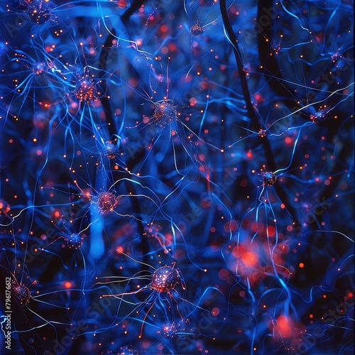 Technology abstract, Fiber optic cables glow under UV light, forming an intricate network of light