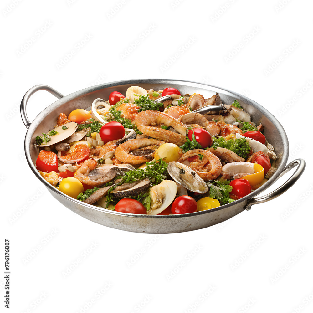 a-large metal dish filled with pock and vegetables. AI Generative a-large metal dish filled with pock and vegetables. AI Generative
