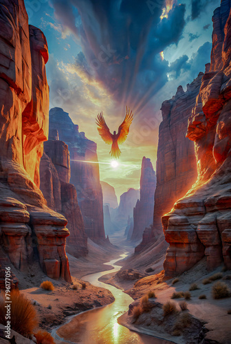 A canyon at dusk, where the shadows of rock formations are transformed by the arrival of a radiant Phoenix. AI Generative