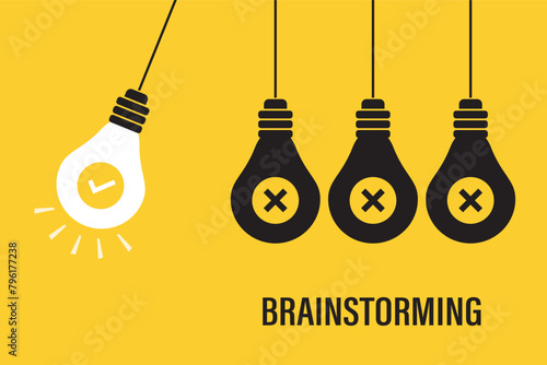 Newton's cradle with glowing and non-luminous light bulbs. Start brainstorming and pitching ideas. Pendulum, lightbulb icons with concept of creative idea on yellow background.