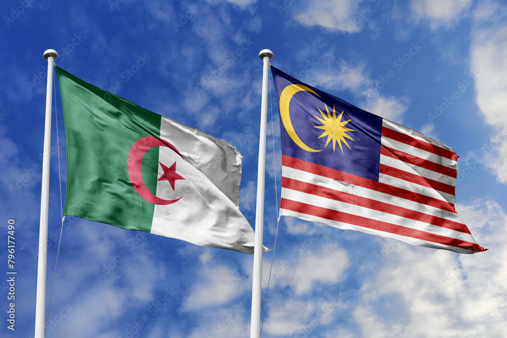 3d illustration. Algeria and Malaysia Flag waving in sky. High detailed waving flag. 3D render. Waving in sky. Flags fluttered in the cloudy sky. 3d illustration. Algeria and Malaysia Flag waving in sky. High detailed waving flag. 3D render. Waving in sky. Flags fluttered in the cloudy sky.