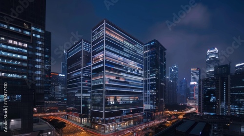 A modern office tower illuminated by dynamic LED lights  showcasing innovative architectural design and creating a striking visual landmark in the city skyline.