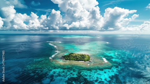 Aerial view of a small tropical island surrounded by a turquoise ocean and clear blue sky with white clouds. 
