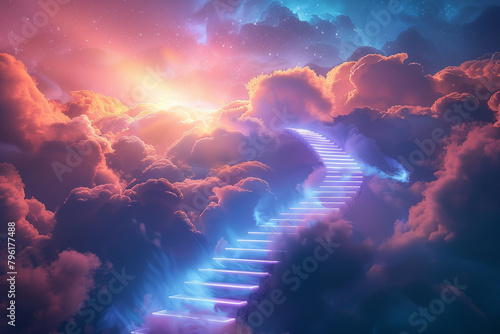 Stairway to heaven, light path, cloudscape, spiritual ascent 3D illustration