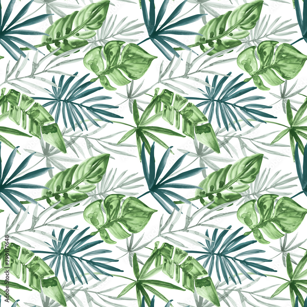 Hand drawn gouache styled illustration of beacn and tropical lea Hand drawn gouache styled illustration of beacn and tropical lea