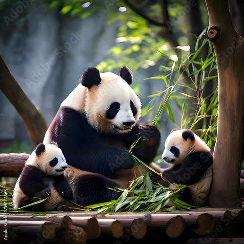 A panda family eating bamboos at the zoo. photo