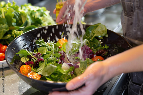 Step-by-step visual guide to preparing a healthy organic salad, showing the process from washing greens to adding dressing