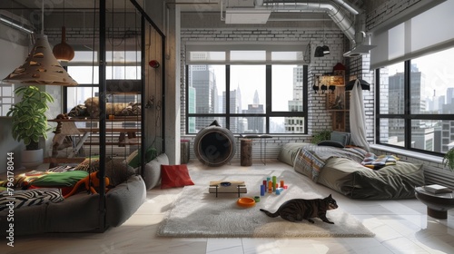 A modern urban apartment transformed into a haven for pets, with cozy beds and playful toys scattered throughout, creating a sanctuary for furry companions.