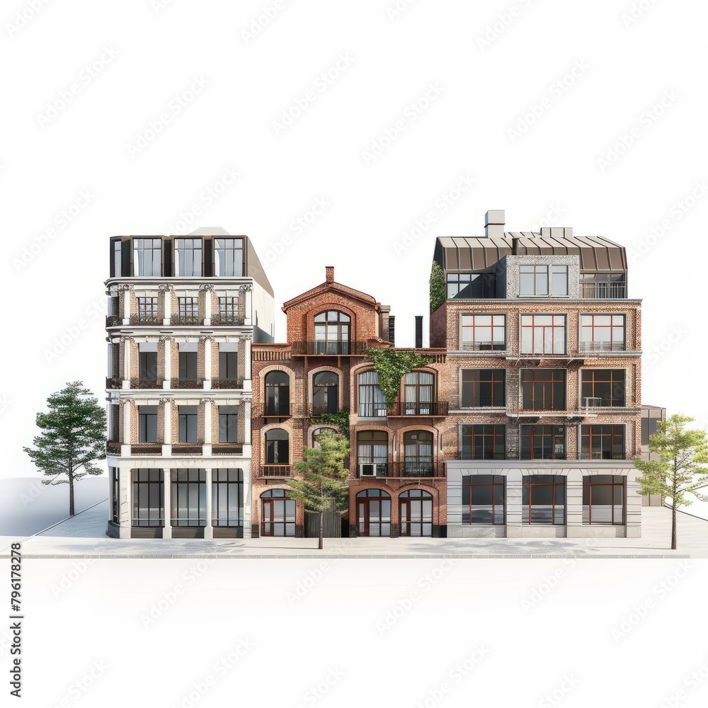 3D Render of an urban loft district with converted warehouses and industrial-chic apartments, on isolated white background, Generative AI