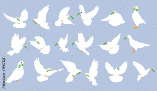 set of flying dove silhouettes or Pigeons with olive branch set love and peace symbols on a black background photo