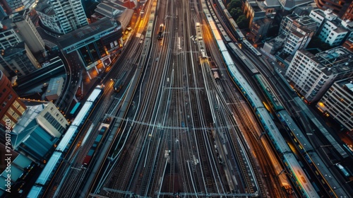 A network of railway tracks converging at a bustling transit hub, with trains departing and arriving amidst the hustle and bustle of urban life.