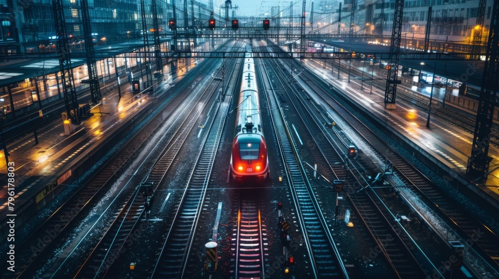A network of railway tracks converging at a bustling transit hub, with trains departing and arriving amidst the hustle and bustle of urban life. A network of railway tracks converging at a bustling transit hub, with trains departing and arriving amidst the hustle and bustle of urban life.