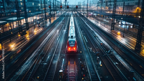 A network of railway tracks converging at a bustling transit hub, with trains departing and arriving amidst the hustle and bustle of urban life.