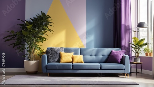 A living room with a purple couch, yellow pillows, and plants in the corner. © Awais