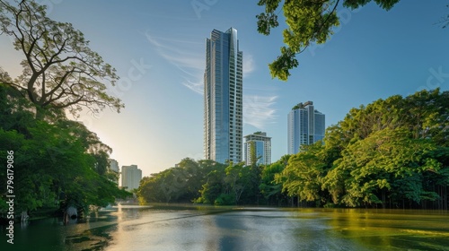 A panoramic shot of a modern skyscraper on the riverbank, framed by verdant trees and a shimmering waterway, epitomizing urban elegance. photo