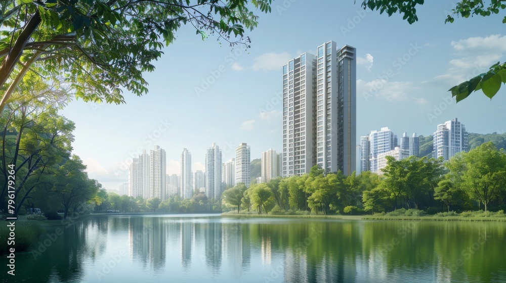 A panoramic shot of a modern skyscraper on the riverbank, framed by verdant trees and a shimmering waterway, epitomizing urban elegance. A panoramic shot of a modern skyscraper on the riverbank, framed by verdant trees and a shimmering waterway, epitomizing urban elegance.