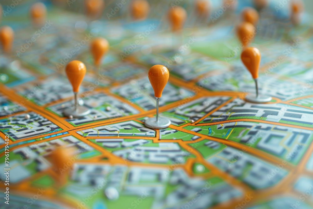 Strategic real estate asset planning, cityscape with markers for potential commercial and residential developments 