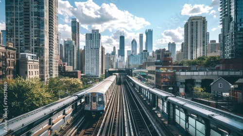 A panoramic view of a city skyline, with a sleek metro train passing in the foreground, demonstrating the seamless integration of public transit into the urban landscape.