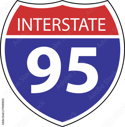 US Interstate 95 highway icon. US Interstate 95 highway sign with route number and text. Interstate highway 95 road symbol. flat style. © theerakit