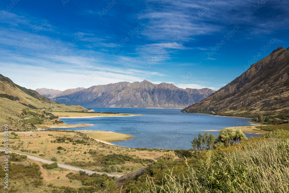 Fototapeta premium Panoramic View of Lake Hawea's Turquoise Waters - Expansive Beauty in New Zealand's Landscape