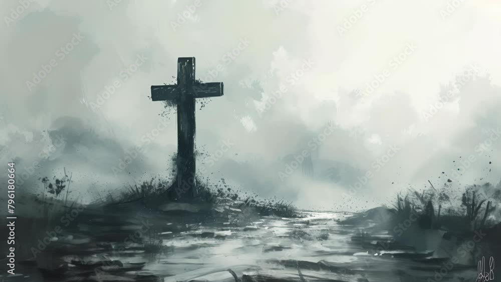 A cross is standing in a field of grass. The sky is cloudy and the grass is wet A cross is standing in a field of grass. The sky is cloudy and the grass is wet