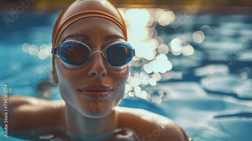 The close-up portrait of sheer joy of swimming, the vibrant expression of a young girl, her playful spirit evident under the surface of the pool. A woman involved in water sports