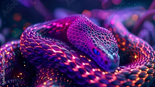 A neon colored snake with a glowing head and tail. The snake is curled up and he is in a dreamlike state photo