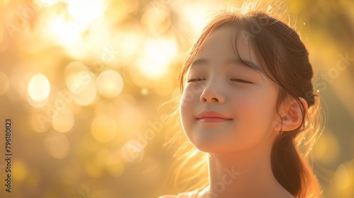 A young Asian girl. happy and cheerful expression on face  on golden sparkling background.